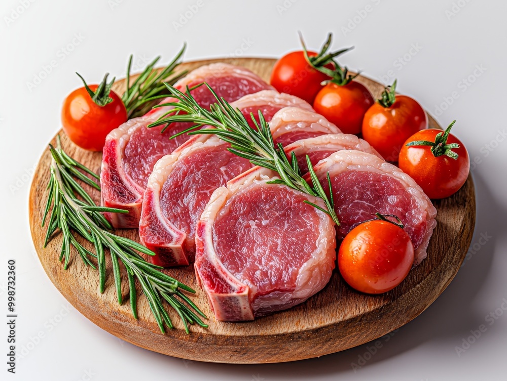 Succulent Raw Lamb Chops on Wooden Board - Gourmet Food Photography with Fresh Rosemary and Tomatoes for Culinary Inspiration and Fine Dining Concept Succulent Raw Lamb Chops on Wooden Board - Gourmet Food Photography with Fresh Rosemary and Tomatoes for Culinary Inspiration and Fine Dining Concept
