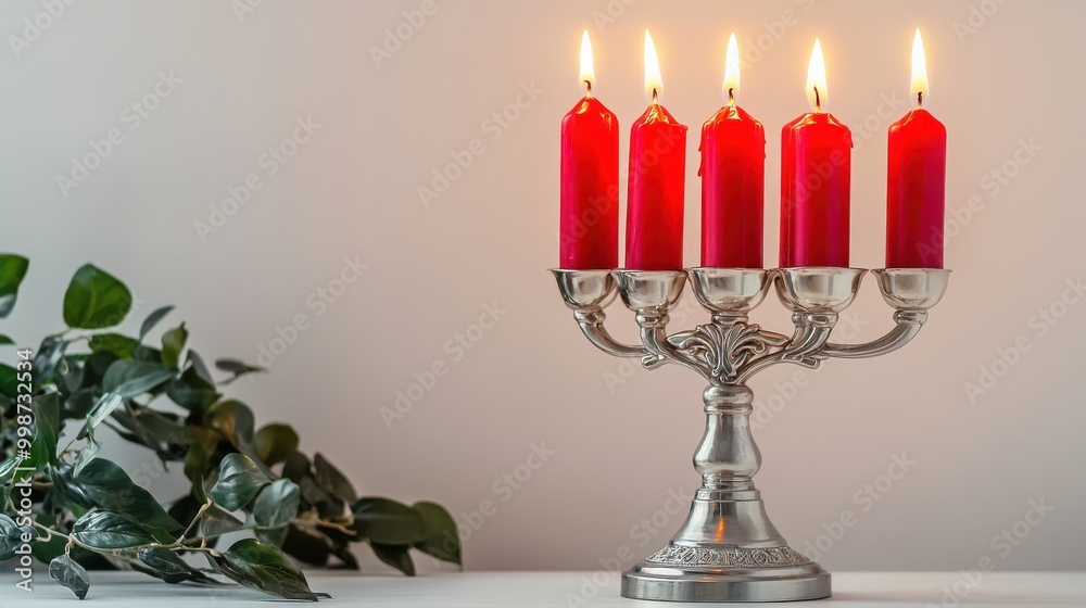 Menorah with Red Candles and Plant Menorah with Red Candles and Plant