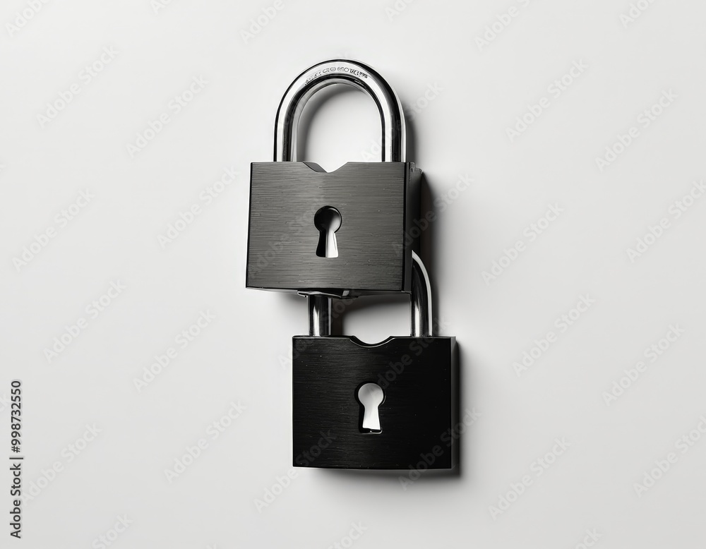 Two black padlocks with silver handles are attached to a white wall, forming a double lock Two black padlocks with silver handles are attached to a white wall, forming a double lock