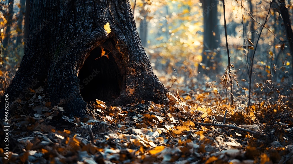 Fototapeta premium A serene forest scene featuring a hollow tree trunk surrounded by fallen leaves, bathed in soft autumn light.