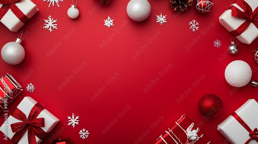Red holiday background featuring white Christmas icons of gifts and ornaments Red holiday background featuring white Christmas icons of gifts and ornaments
