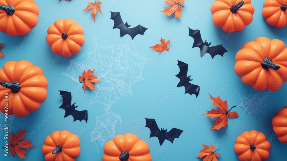 Halloween party backdrop featuring pumpkins bats and spider web viewed from above flat lay design Halloween party backdrop featuring pumpkins bats and spider web viewed from above flat lay design