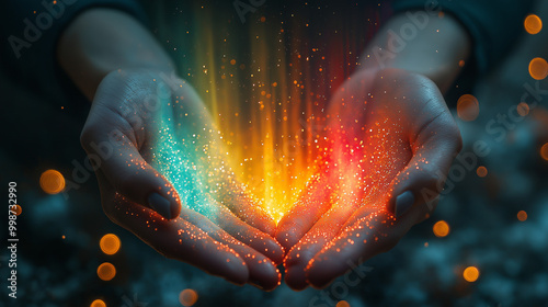 Magic in the Palms: A pair of hands cradles a swirling vortex of blue and orange energy, casting a radiant glow in a mystical and captivating scene.