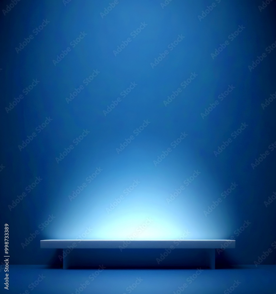 A minimalist dark blue wall with a white shelf in the center, illuminated by a single light source, creating a serene and tranquil atmosphere A minimalist dark blue wall with a white shelf in the center, illuminated by a single light source, creating a serene and tranquil atmosphere