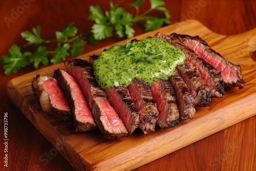 Gourmet Grilled Steak with Vibrant Herb Sauce on Wooden Board - Closeup Food Photography for Culinary Enthusiasts