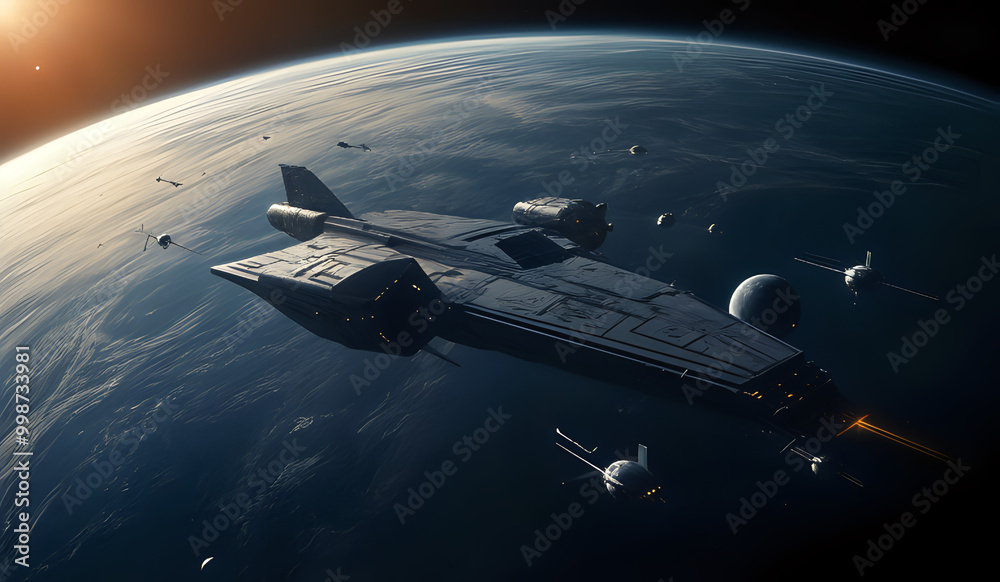 Obraz premium Spaceship Orbits Earth