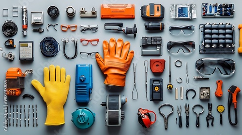 A collection of electrical safety gear for industrial workers, including insulated gloves, helmets, and safety glasses, displayed against a neutral background. photo