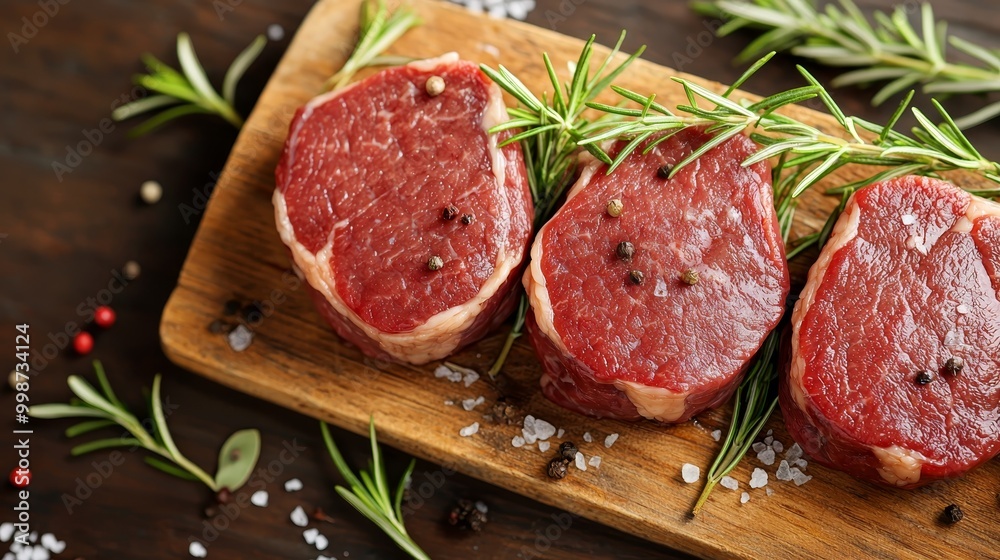 Gourmet Raw Beef Tenderloins on Wooden Cutting Board - Luxurious Culinary Delight with Rosemary Sprigs and Spices for Fine Dining Experience Gourmet Raw Beef Tenderloins on Wooden Cutting Board - Luxurious Culinary Delight with Rosemary Sprigs and Spices for Fine Dining Experience