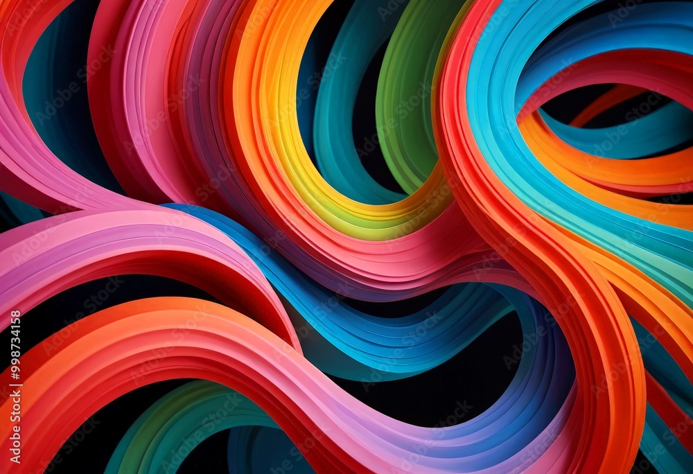 Naklejka premium a vibrant abstract composition of overlapping curved lines in a variety of bright colors, including red, orange, yellow, green, blue, and purple, creating a dynamic and