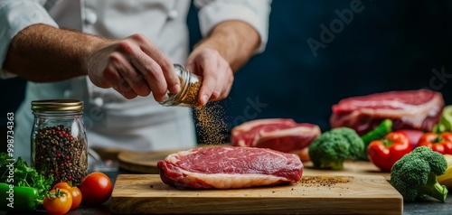 Sizzling Closeup Chef Sprinkling Spices on Raw Steak, Rich Flavors, Dark Blue Background - Culinary Creativity for Food Blogs, Recipes, Cooking Magazines