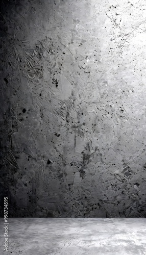 A black and white concrete wall with a textured surface, featuring small holes and splatters of paint or other materials photo