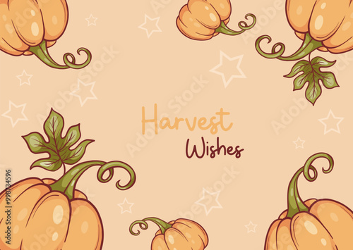 Thankful fall poster. Orange pumpkin and leaves on light beige background. Horizontal Harvest Wishes autumn card. Vector illustration. Greeting banner, flyer, party thanksgiving design