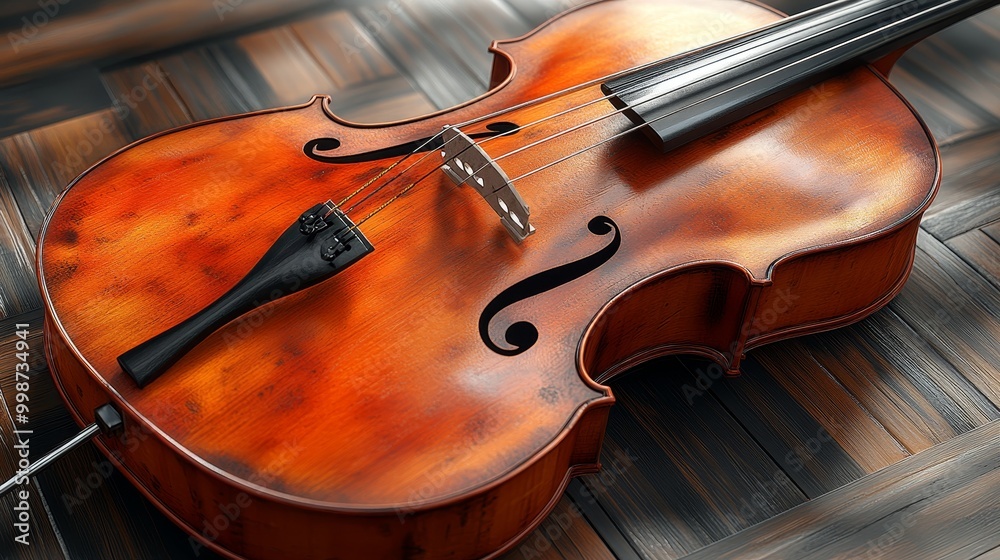 Fototapeta premium Close-up of a beautifully crafted wooden violin resting on a textured floor, capturing its elegant curves and rich color.