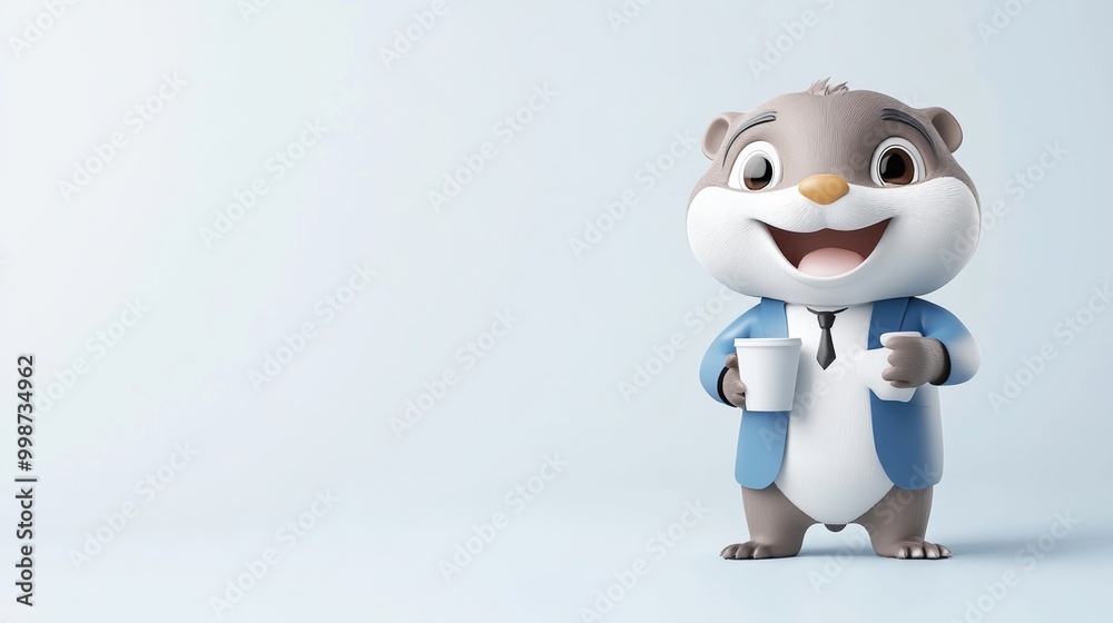 Cheerful cartoon animal in business attire holding cups