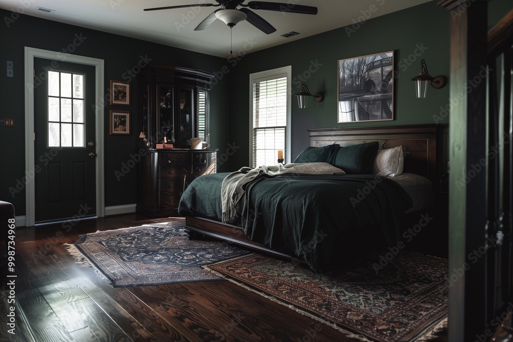 A cozy bedroom with dark green walls, a dark wood bed frame with dark ...