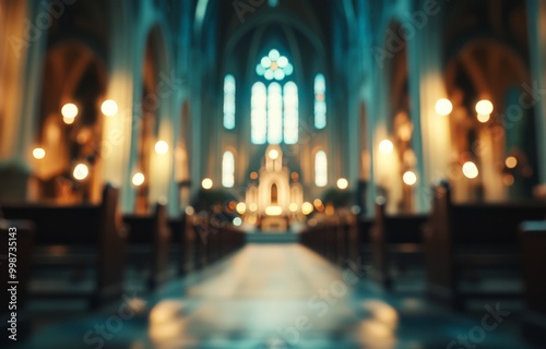 Blurred interior of a church focusing on the back of an altar, featuring soft lighting and vintage color tones.