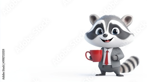 Cute Cartoon Raccoon in Business Suit with Coffee Mug