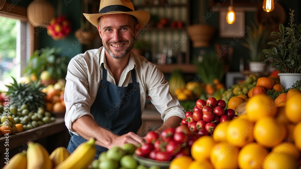 Smiling Grocer in Shop Surrounded by Fresh Fruits and Vegetables Smiling Grocer in Shop Surrounded by Fresh Fruits and Vegetables