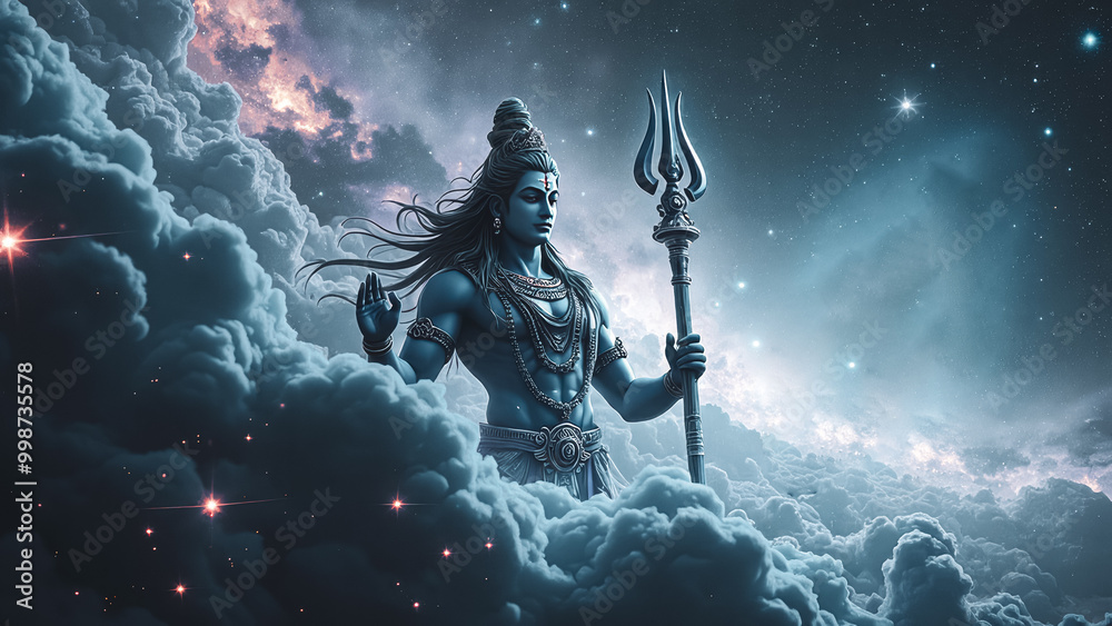 Naklejka premium Divine Meditation of Lord Shiva Under a Starlit Sky