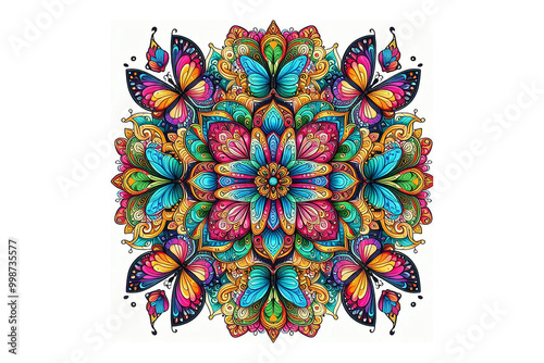 Colorful butterfly mandala design, white background