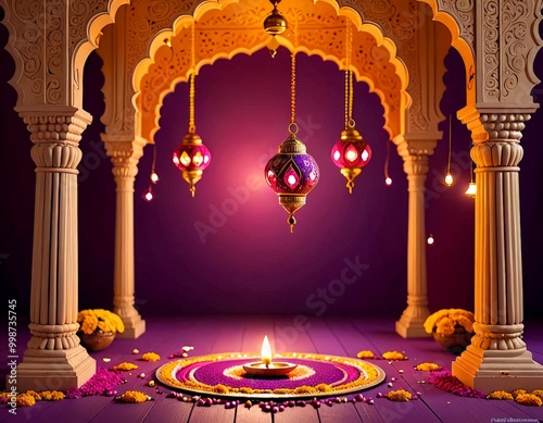 A vibrant and ornate Indian temple interior, featuring intricate carvings, arches, and hanging lanterns, with a lit diya (traditional oil lamp) at the center photo