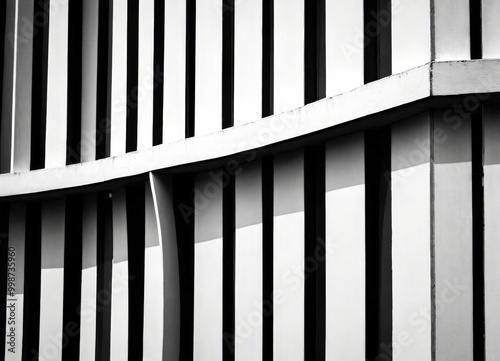 A black and white photograph curved white wall with vertical lines, creating a sense of depth and texture