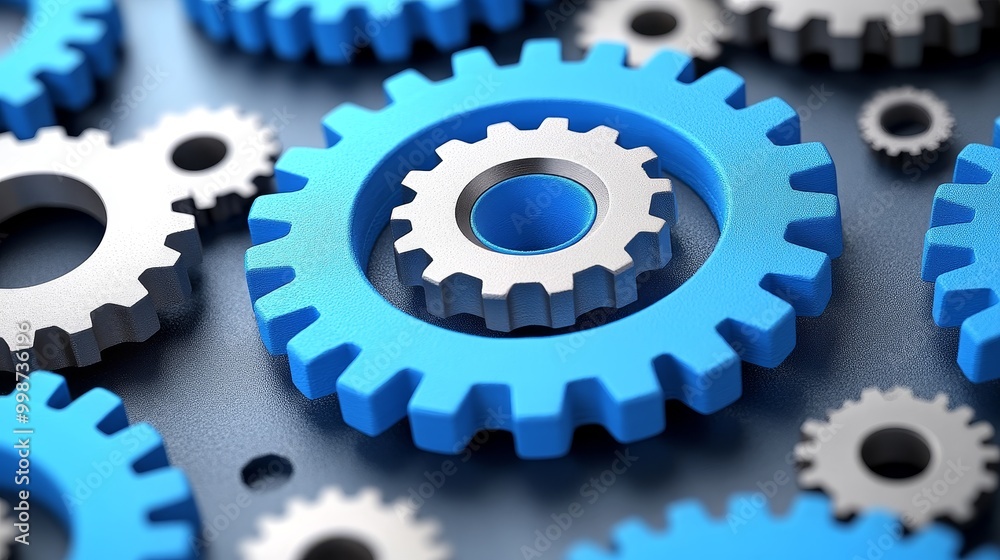 Close-up of vibrant blue gears interlocked with silver components, symbolizing mechanical efficiency and industrial innovation.