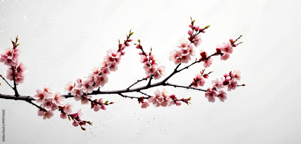 A branch of cherry blossoms with pink flowers and green leaves against a white background A branch of cherry blossoms with pink flowers and green leaves against a white background