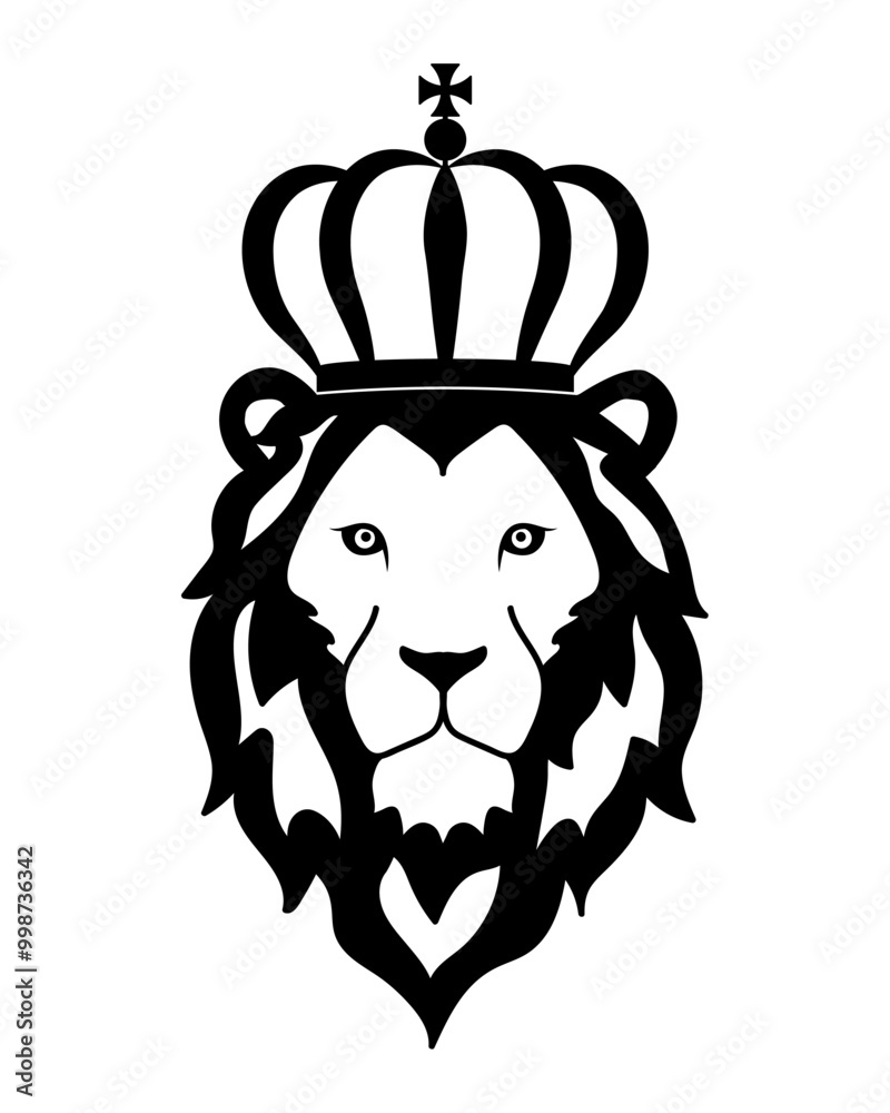 Lion head with crown logo. Wildlife face icon. Lion king heraldry and royal symbol. Vector illustration image. Lion head with crown logo. Wildlife face icon. Lion king heraldry and royal symbol. Vector illustration image.
