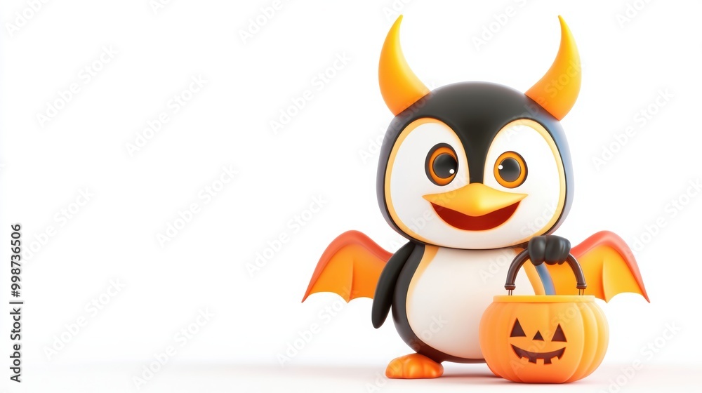 Fototapeta premium Cute Penguin Halloween Costume with Pumpkin Basket