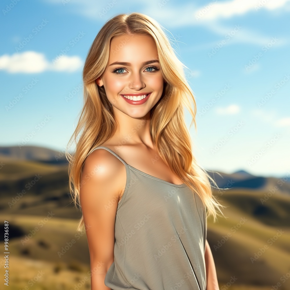 Naklejka premium A cheerful woman poses in a scenic landscape sunny day in the countryside
