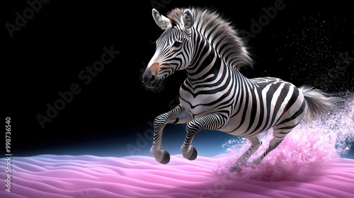 A dynamic zebra leaping across a vibrant pink surface against a dark background, showcasing its lively movement and charm. photo