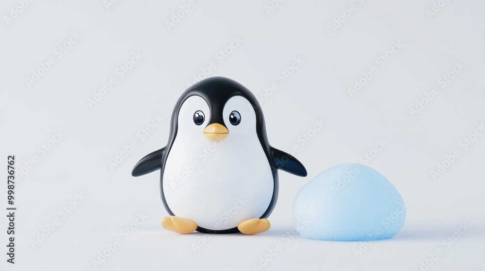 Cute Penguin Toy with Blue Iceberg on White Background Cute Penguin Toy with Blue Iceberg on White Background