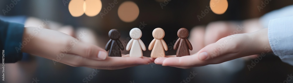 Close-up of diverse toy figures held by hands, emphasizing unity, inclusion, and diversity in a soft-focus background with lights. Close-up of diverse toy figures held by hands, emphasizing unity, inclusion, and diversity in a soft-focus background with lights.