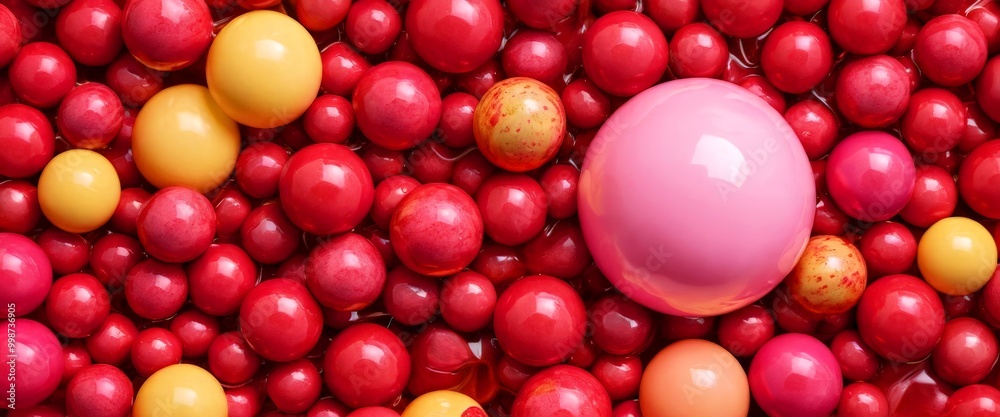 A vibrant assortment of red and yellow spheres, some with a glossy finish, are scattered haphazardly, creating a visually striking and playful composition A vibrant assortment of red and yellow spheres, some with a glossy finish, are scattered haphazardly, creating a visually striking and playful composition