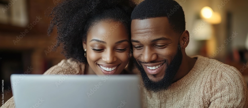 Happy couple looking at a laptop together. Happy couple looking at a laptop together.