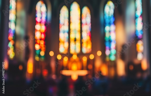 church interior with blurred stained glass windows, high ceilings, and white walls, Blurry figures in the background, emphasizing bokeh effect and spiritual ambiance in a Christian chapel.