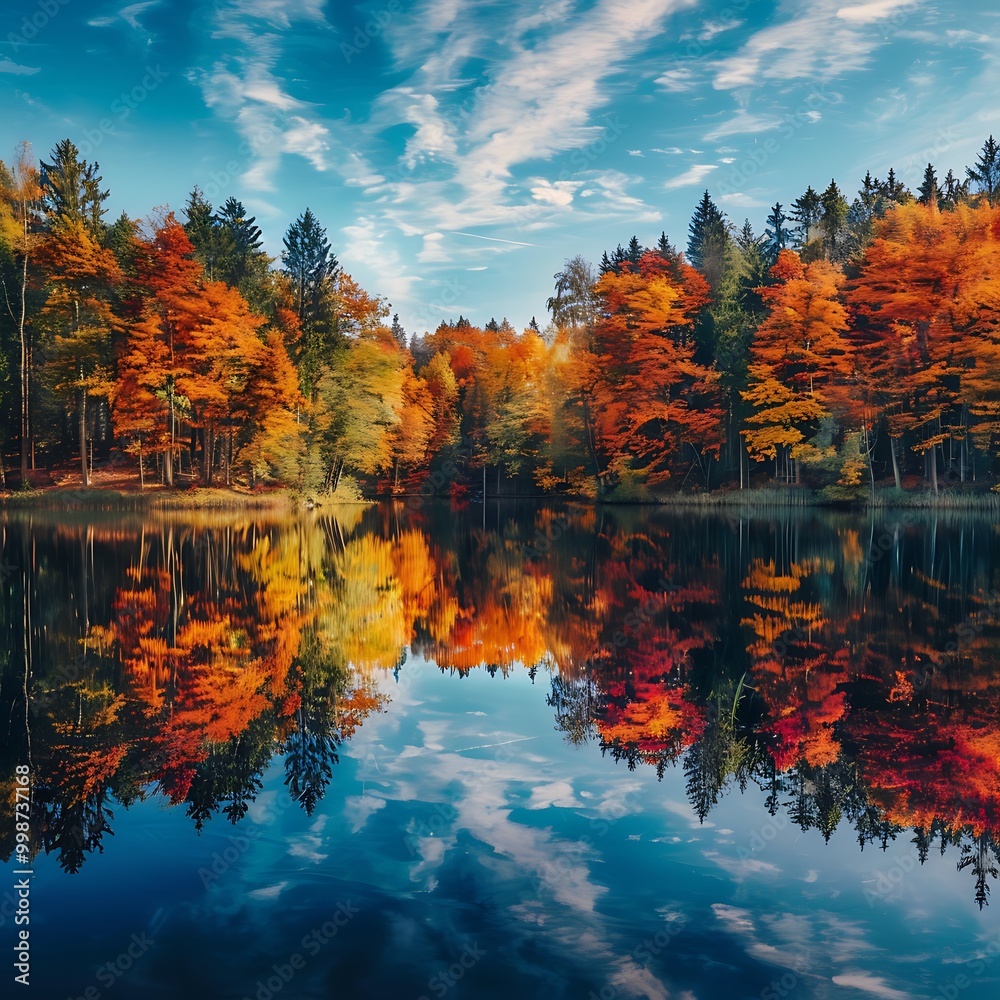 Obraz premium Serene lake surrounding by trees ablaze with autumn colors, reflecting the beauty of the season in the tranquil water.