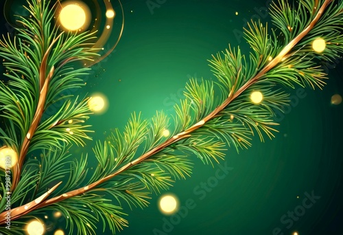 A close-up view branch with green needles and golden lights, set against a dark green background photo