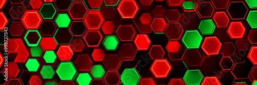 A pattern of red and green hexagonal shapes, arranged in a grid-like fashion, creates a visually striking and abstract background photo