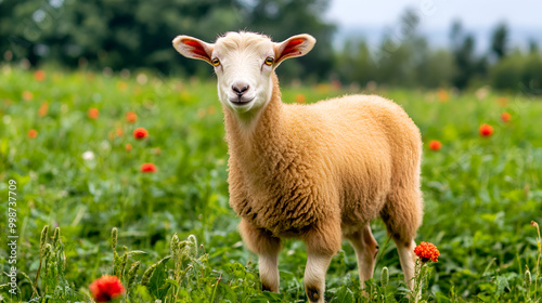 Angora goat stands in a lush green field , healthy delicious food concept