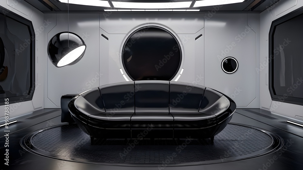 futuristic room with a sleek black curved sofa futuristic room with a sleek black curved sofa