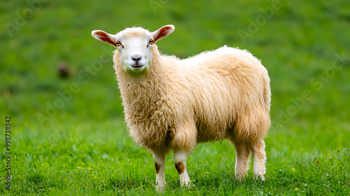 Angora goat stands in a lush green field , healthy delicious food concept