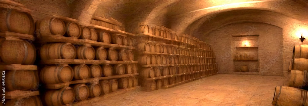 A dimly lit wine cellar with rows of wooden barrels stacked on shelves, creating a sense of depth and perspective A dimly lit wine cellar with rows of wooden barrels stacked on shelves, creating a sense of depth and perspective