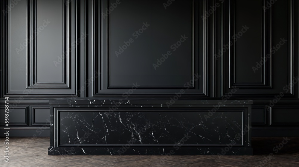 Black elegant interior with paneled walls and marble floor illuminated by overhead light Black elegant interior with paneled walls and marble floor illuminated by overhead light