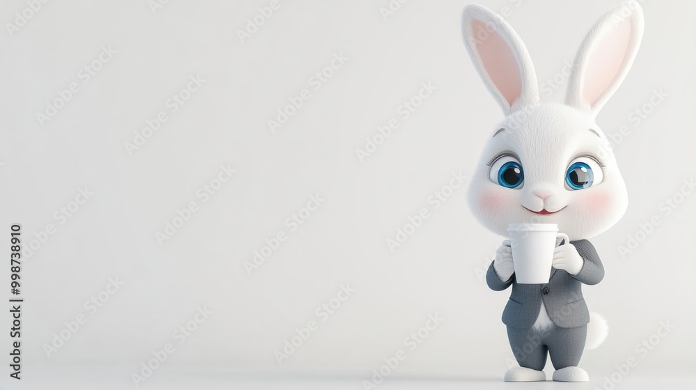 Fototapeta premium Cute Rabbit in Suit Holding Coffee Cup