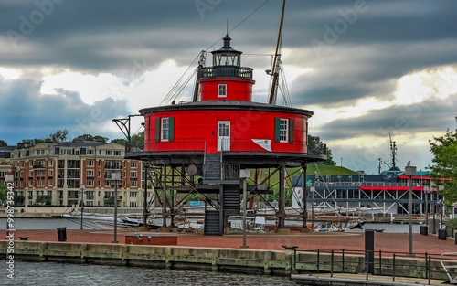 Seven Foot Knoll Lighthouse on a Cloudy Autumn Evening, Baltimore Maryland USA photo