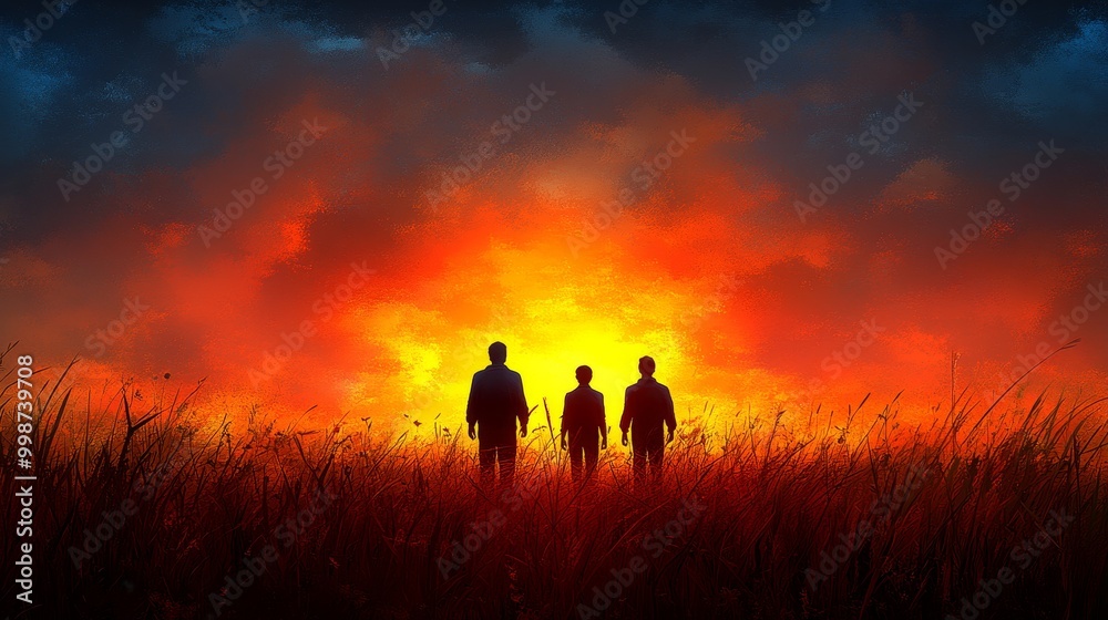 Fototapeta premium Three silhouettes stand in a field against a vibrant sunset, symbolizing companionship and nature's beauty.