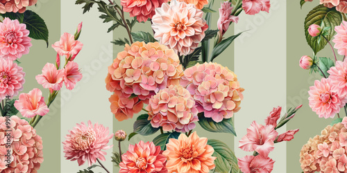 Seamless vector pattern with pink garden flowers isolated on a changeable background. Vintage painting style illustration.
