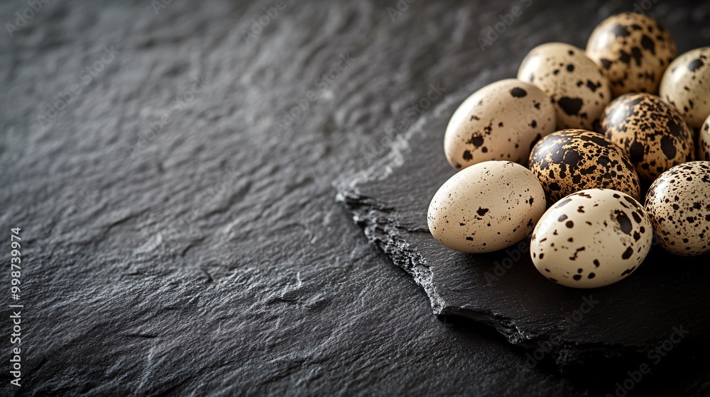 Obraz premium A dramatic close-up of quail eggs arranged on a dark slate surface, illuminated by a single beam of light, emphasizing texture and shadow